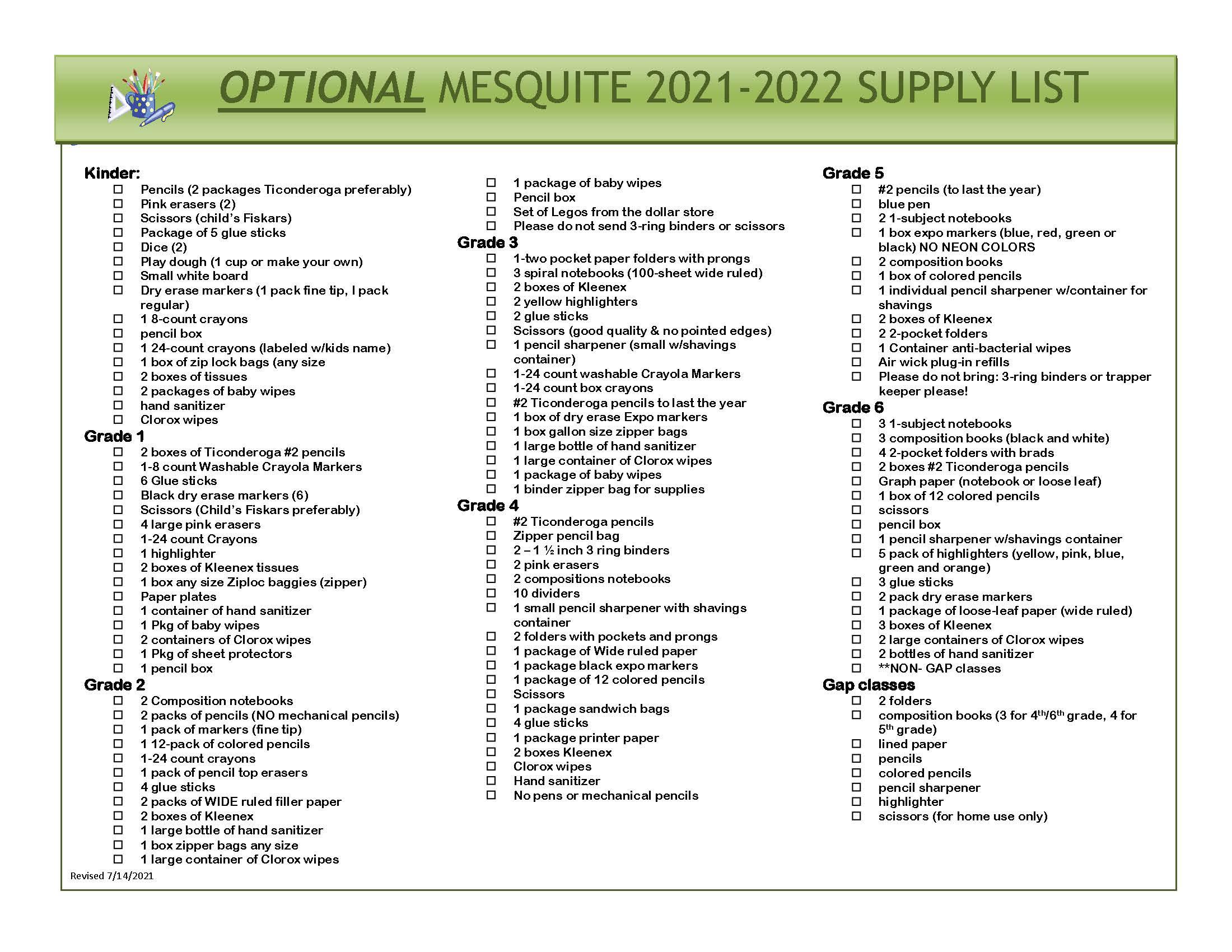 Mesquite Supply List